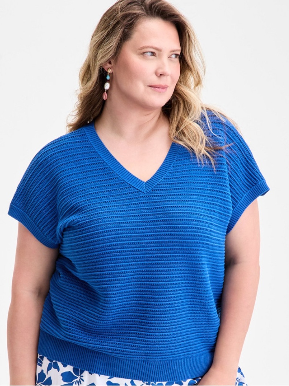 Plus Size  Blue V-Neck Dolman Sleeve Blouse Top Short Sleeve Sweater Preppy